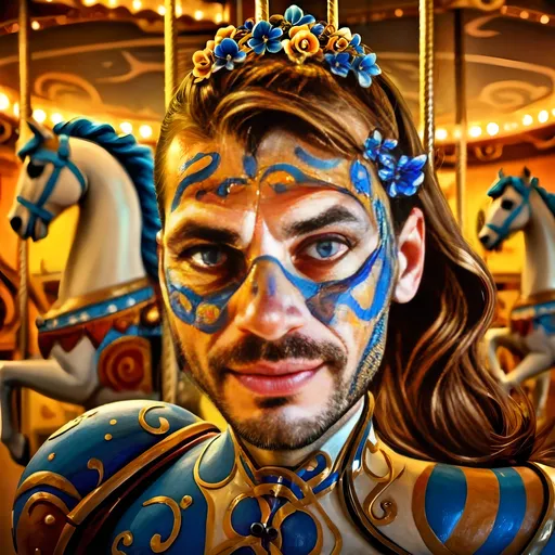 Prompt: (woman riding a carousel), vibrant blue flowers in her hair, magical atmosphere, (Dirk Crabeth style), whimsical charm, (pop surrealism), captivating colors, ultra-detailed digital painting, enchanting horses uniquely designed, (dreamy ambiance), soft lighting creating a magical glow, accompanied by abstract swirling patterns in the background, (HD).