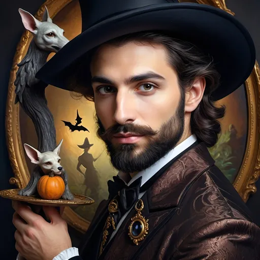 Prompt: (honoring Nuit), moon and stars) captivating handsome man magician, pointed witch hat, facial features highlighted, elegant beard, (renaissance baroque painting style), dark mystical background, rich deep colors with dramatic contrast, elements of Halloween celebration in still life arrangement, enigmatic ambiance, intricate shadows and light, (highly detailed), evoking intrigue and enchantment.