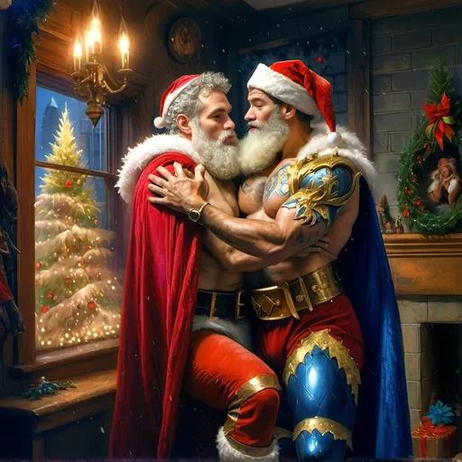 Prompt: An oil on canvas a knight dressed as a santa clause (in honor of Nuit) in a dark city with a light shining on him and a red cape, Ernest William Christmas, antipodeans, epic fantasy character art, concept art