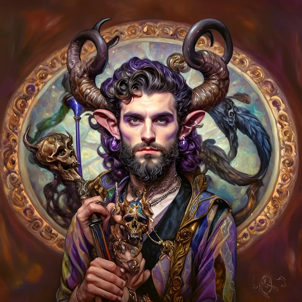 Prompt: a painting of a man magician satyr with horns and a skull in his hand and a crow on his shoulder, with a cane with a scull as orb