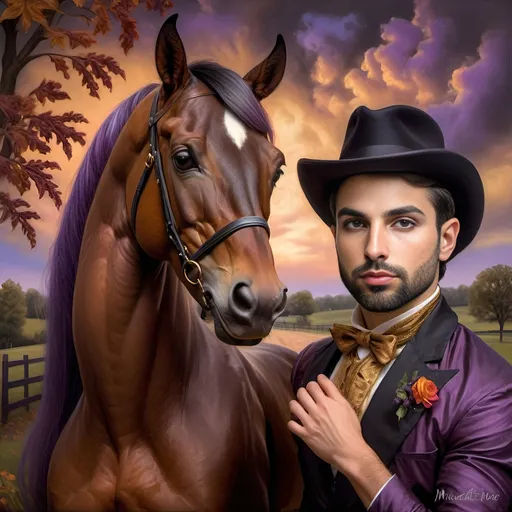 Prompt: (Honoring Nuit), highly detailed oil painting of a thoroughbred horse, Kentucky farm setting, (brilliantly captured) evening dusk, warm golds and deep purples in the sky, lush green pastures, soft shadows across the landscape, tranquil atmosphere, vibrant colors, delicate brushstrokes enhancing the horse's muscular form, realistic texture of the horse's mane, 4K resolution, captivating and serene ambiance.