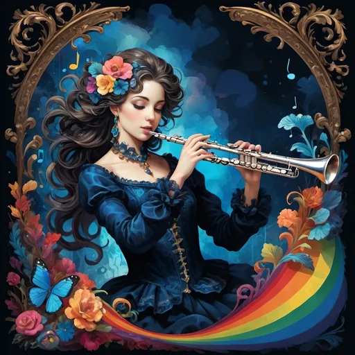 Prompt: Baroque style (rich and ornate elements), dark color scheme (deep blues and blacks), flute with flowing musical notes, vibrant rainbow backdrop, layered effects, (fantasy art), highly detailed digital art, intricate textures, storybook illustration quality, dramatic shadowing, whimsical atmosphere, enchanting, emotional depth, harmonious composition, captivating visual narrative.