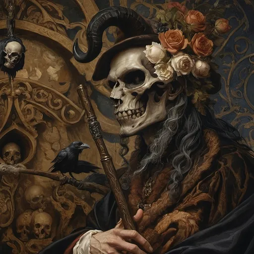 Prompt: (Renaissance still life) (man magician satyr), (dark color scheme), (elegant pose), intricately detailed horns, holding a cane topped with a (skull orb), a menacing (skull orc) at his side, a (crow) gracefully perched on his shoulder, rich textures, captivating shadows, high contrast highlights, evoking a sense of mystical allure, enhanced with (ultra-detailed) features, atmospheric depth and somber elegance.