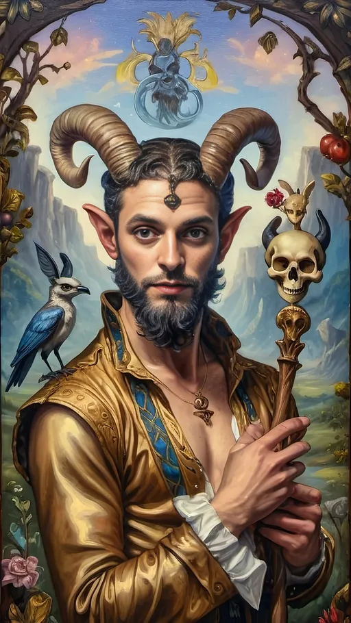 Prompt: A detailed commissioned Renaissance oil painting by Seven Wonders Art Glass Studio of a Magician turning Satyr in Arcadia land of the God Pan honoring Nuit.  painting of a man magician satyr with horns and a skull orb on his wand and bird on shoulder art, a character portrait