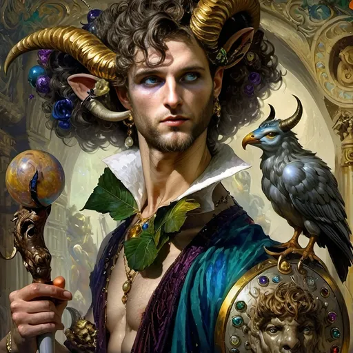 Prompt: A fine art oil painting by Seven Wonders Art Glass Studio is a magician man transforming with a horned head and a bird on his shoulder holding a cane and a ball in his hand, Clint Cearley, fantasy art, fantasy character portrait, a character portrait.  Honors Pan and Nuit.