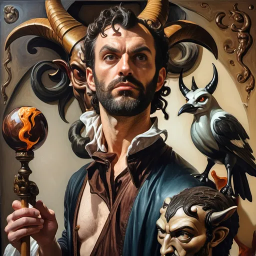 Prompt: (A fine art oil painting) by Seven Wonders Art Glass Studio, (magician man) with a (horned head), (bird on his shoulder), holding a cane and a glowing ball, inspired by Clint Cearley, (fantasy art), rich colors, intricate details, dramatic lighting, mystical atmosphere, character portrait emphasizing the essence of Pan and Nuit, ultra-detailed, vibrant background reflecting magical elements, imaginative and enchanting setting.