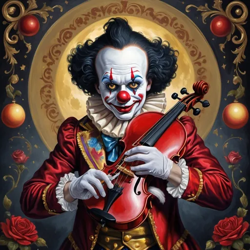 Prompt: a painting of a dark headed clown with a gold violin and a ball in front of him, with a red clown's face painted on it, magical ambiance, friendly, highly detailed digital painting, an ultrafine detailed painting.  Add Renaissance background.  Adorn with mystic florals.  Add moon influences