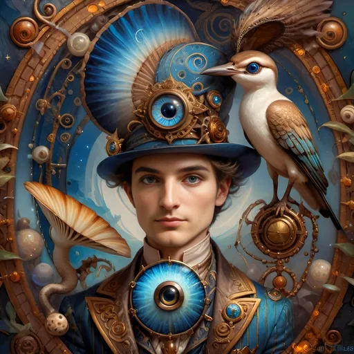 Prompt: (7 Wonders Art Glass Studio masterpiece), oil painting, (honoring Nuit), magical mushroom, (vibrant blue shell), (striking blue eye), Eye of Horus, rich textures, dreamy atmosphere, whimsical background, stars and cosmic elements, (ethereal lighting), enchanting details, high-quality, ultra-detailed composition, surreal and imaginative style.