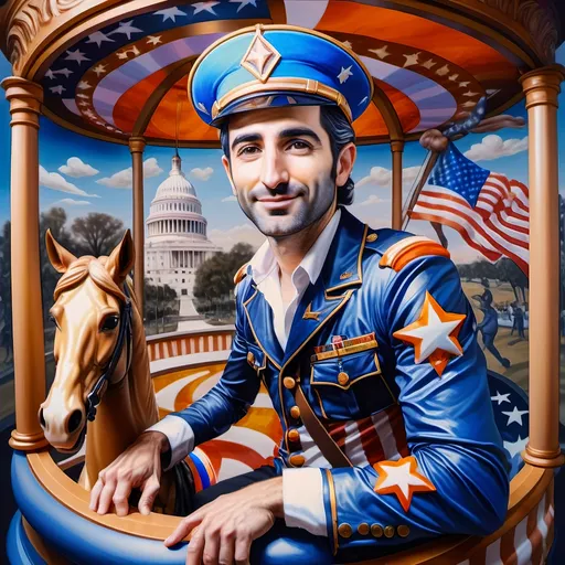 Prompt: (A Seven Wonders Art Glass Studio), oil renaissance painting, (vibrant colors), a man in military uniform, proudly riding on a Carousel of Heroes, surrounded by gracefully carved horses, soft, glowing ambiance, honoring veterans and those serving in the U.S. Military, warm golden lighting, intricate details in the uniform, carousel with richly adorned decorations, respectful atmosphere, high quality, ultra-detailed.