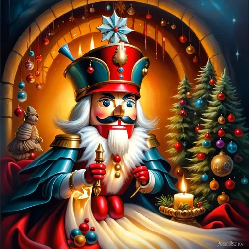 Prompt: a nutcracker with a candle and a candle holder in front of it, surrounded by christmas decorations, Anne Stokes, pop surrealism, extremely detailed oil painting, an airbrush painting