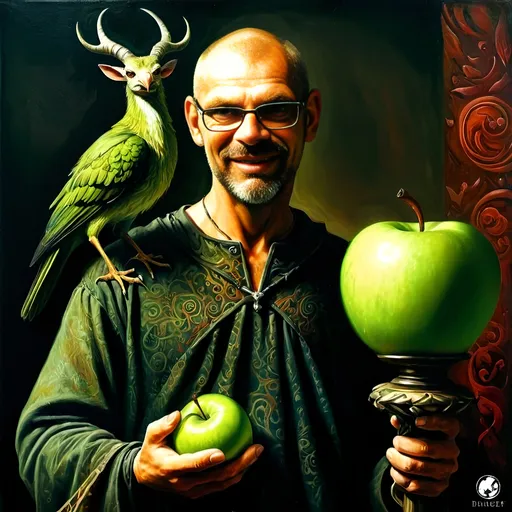 Prompt: (renaissance style), dark color scheme, a man with a horned head, a bird perched on his shoulder, holding a lamp in one hand, a green apple in the other, inspired by Esao Andrews, (highly detailed), fantasy art, character portrait, intricate details, rich textures, dramatic lighting, moody ambiance, ultra-detailed digital painting.