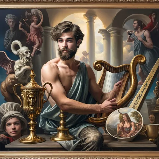 Prompt: Honoring Nuit, this is a Seven Wonders Art Glass Studio oil painting of a man with a beard holding a harp and a cup of wine next to a golden cup, Ditlev Blunck, neoclassicism, classical painting, a flemish Baroque.  Printing captures a mortal honoring the God Pan.