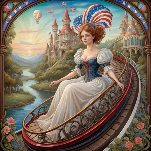 Prompt: (Renaissance oil on canvas) fine detail, (Art Nouveau style), whimsical Americana theme, soft pastel color scheme, enchanting atmosphere, magical roller coaster, woman magician in mask, expertly crafted stained glass first roller coaster car, elements of patriotism, intricate details, unique attractions, lush park landscape, enchanting fairytale ambiance, high quality, ultra-detailed, inviting and cheerful vibe, beautiful fantasy illustration showcasing patriotic enchantment.