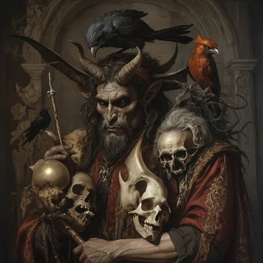 Prompt: (Renaissance still life) (man magician satyr), (dark color scheme), (elegant pose), intricately detailed horns, holding a cane topped with a (skull orb), a menacing (skull orc) at his side, a (crow) gracefully perched on his shoulder, rich textures, captivating shadows, high contrast highlights, evoking a sense of mystical allure, enhanced with (ultra-detailed) features, atmospheric depth and somber elegance.