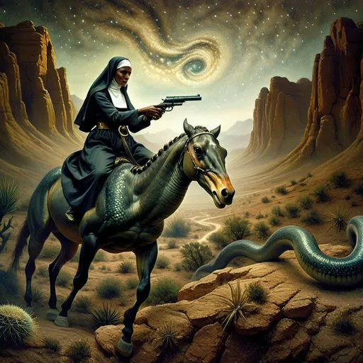 Prompt: (A oil masterpiece) A black nun riding a majestic horse, gripping a gun, fiercely defending against alien desert creatures, vast desert landscape, surreal celestial elements, homage to Nuit, warm earthy tones, contrasting vibrant colors, dramatic lighting, (highly detailed), capturing intense emotions and a sense of adventure, (7 Wonders Glass Art Studio), ultra-detailed, (cinematic).