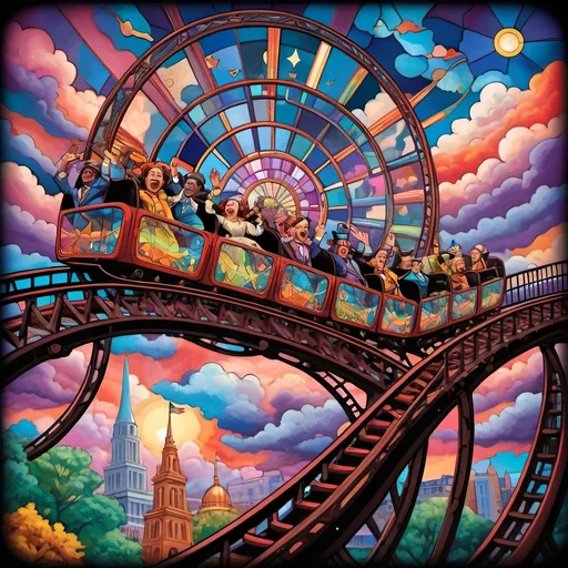 Prompt: (psychedelic art style), magicians riding a roller coaster, vibrant color scheme, whimsical atmosphere, capturing surprise photos,  intricate fine details, amusement park titled "Liberty Park" in D.C., stunning stained glass coaster, fantastical clouds floating, kaleidoscopic visuals, surreal happiness, exciting energy, high contrast colors, ultra-detailed, dreamlike scenery, bountiful whimsy, inviting yet thrilling ambiance.