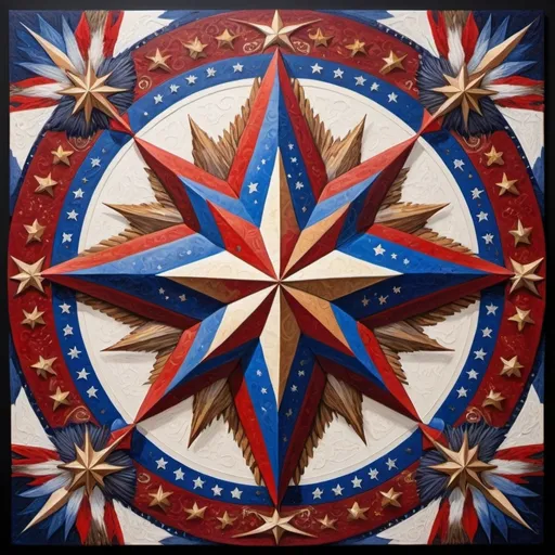 Prompt: (detailed painting), (symbolic star), vibrant colors of the United States, intricate symbols representing America, rich textures, depth in colors, blend of traditional and modern regionalism themes, expressing unity and diversity, profound visual storytelling, captures the essence of American identity, ultra-detailed, a masterpiece celebrating the spirit of the nation.