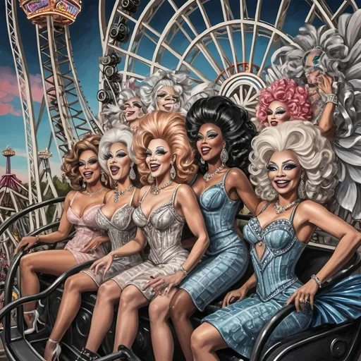 Prompt: (A stunning oil masterpiece) of a group of drag queens in (fancy clothing), joyfully riding the Nation’s New drag queen roller coaster in Liberty Park, vibrant colors and dazzling details, dramatic expressions of excitement, adorned with shimmering accessories, against a whimsical background filled with a Ferris Wheel of Drag Queens, honoring Nuit, surrounded by local attractions, (highly detailed, ultra-realistic).