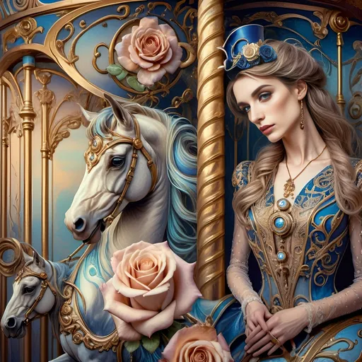 Prompt: (Art Nouveau carousel), (woman with horse), (roses on carousel), dreamy pastel color scheme, lavish swirls and intricate details, bold gold and azure tones, ethereal atmosphere, magical ambiance, enchanting background with a softly lit sky, serene and elegant mood, (highly detailed artwork), reminiscent of the 7 Wonders Art Studio style, whimsical elements capturing the essence of Nuit's honor.