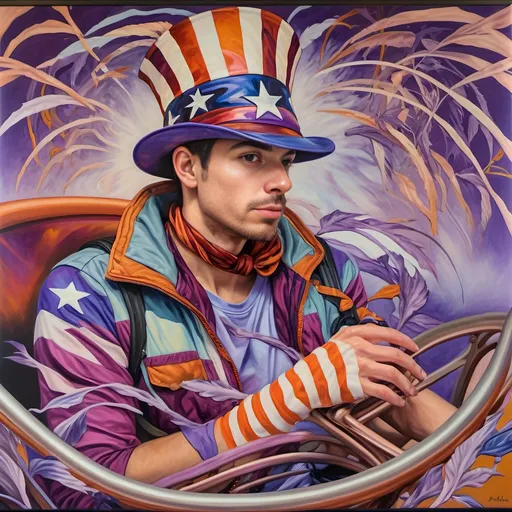 Prompt: A Seven Wonders Art Glass Studio masterpiece painting of a man in a patriotic hat riding Freedom rollercoaster in D. C.’s new amusement park named Freedom Park.  Honoring Nuit.