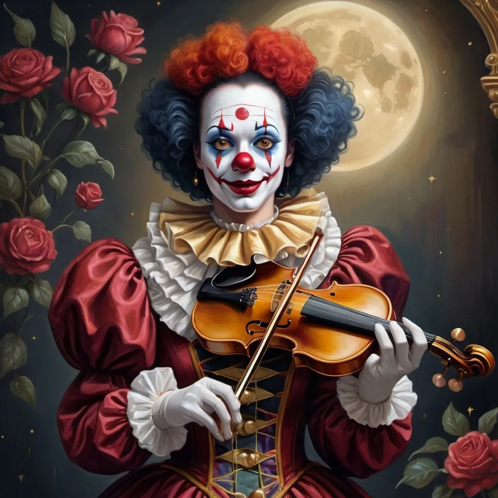 Prompt: a painting of a dark headed female clown with a gold violin and a ball in front of him, with a red clown's face painted on it, magical ambiance, friendly, highly detailed digital painting, an ultrafine detailed painting.  Add Renaissance background.  Adorn with mystic florals.  Add moon influences