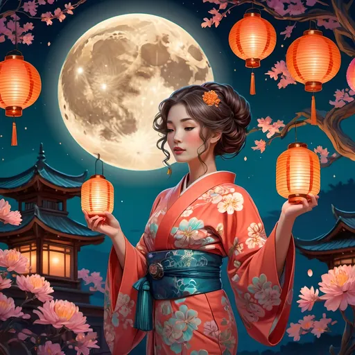 Prompt: Woman in a (kimono), holding a (lantern), surrounded by vibrant glowing (lanterns) in the background, majestic (full moon) illuminating the night sky, (Art Nouveau) style, (vibrant color scheme), lush floral motifs, whimsical patterns, highly detailed (digital painting), captivating ambiance, immersive fantasy art scene, luminous details, enchanting night atmosphere, ultra-detailed, magical glow, ethereal vibes.