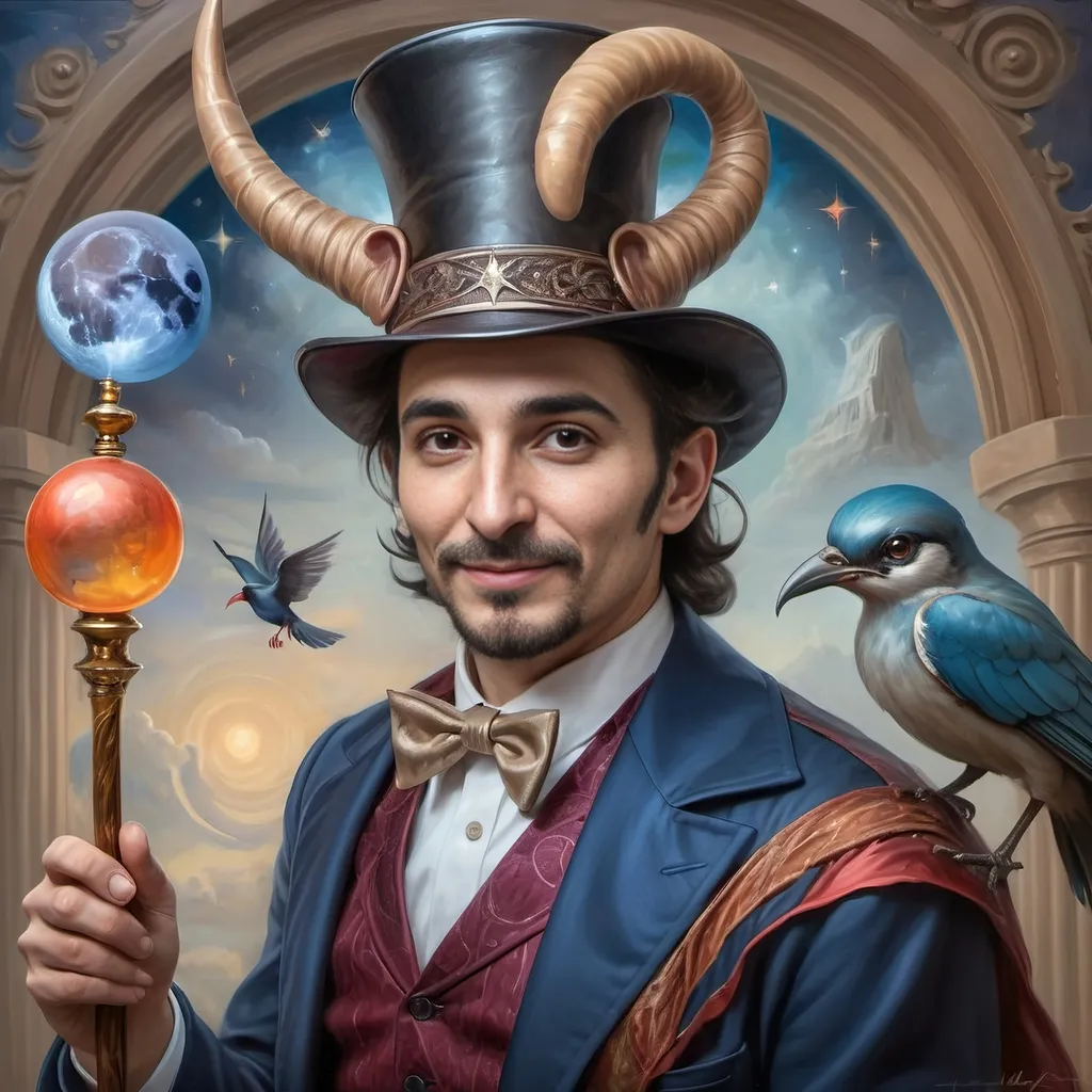 Prompt: A (captivating) oil painting depicting a (mysterious magician) with a (horned head), a (bird perched gracefully on his shoulder), holding a (beautifully crafted cane) and an (orb in his hand), beautifully capturing themes of (fantasy) and (transformation). Character portrait-style, influenced by (Clint Cearley's) signature artistry, with ethereal hues and (vivid detailing) honoring the legendary figures of (Pan and Nuit), set against a dreamy, (surreal background) that evokes wonder.