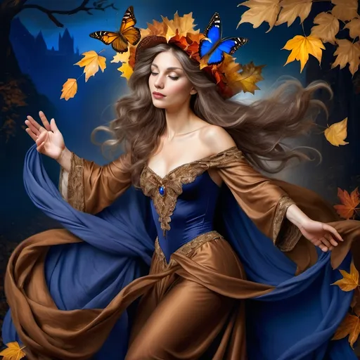 Prompt: (Renaissance style), (dark color scheme), painting of nature as a woman, flowing dress, delicate fabric, intricate details, butterfly in her hair, serene expression, surrounded by autumn leaves, rich browns and deep golds, ethereal atmosphere, soft, glowing light filtering through, capturing the essence of the Autumn Equinox, ultra-detailed, high-quality artwork.