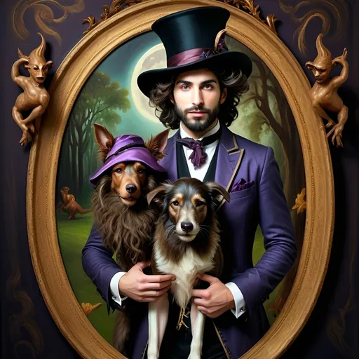 Prompt: (honoring Nuit), moon and stars) captivating handsome man magician, pointed witch hat, facial features highlighted, elegant beard, (renaissance baroque painting style), dark mystical background, rich deep colors with dramatic contrast, elements of Halloween celebration in still life arrangement, enigmatic ambiance, intricate shadows and light, (highly detailed), evoking intrigue and enchantment.