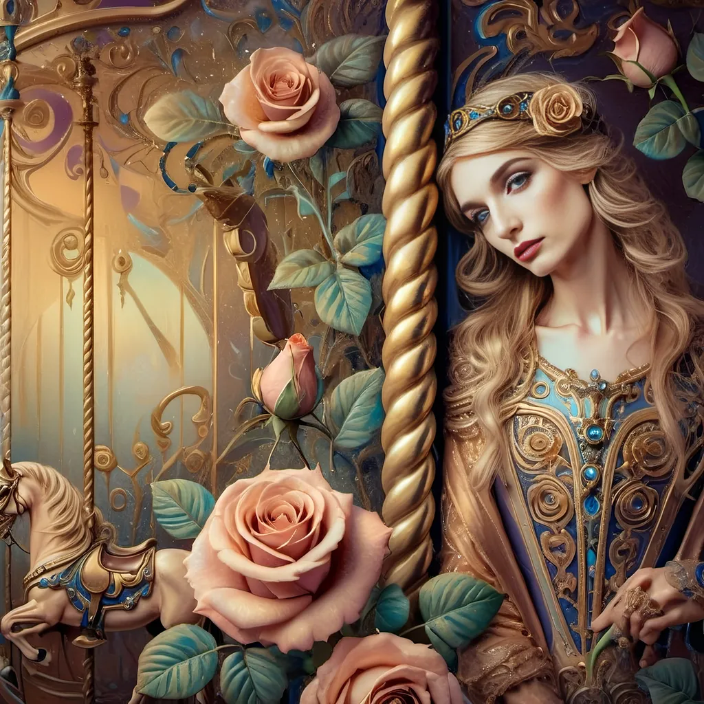 Prompt: (Art Nouveau carousel), (woman with horse), (roses on carousel), dreamy pastel color scheme, lavish swirls and intricate details, bold gold and azure tones, ethereal atmosphere, magical ambiance, enchanting background with a softly lit sky, serene and elegant mood, (highly detailed artwork), reminiscent of the 7 Wonders Art Studio style, whimsical elements capturing the essence of Nuit's honor.