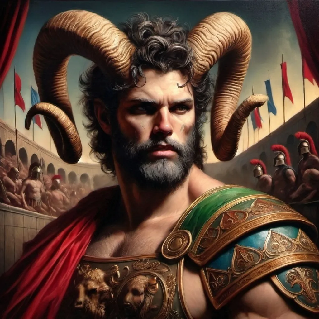 Prompt: a painting of a man with horns and a beard wearing a costume with a red cape and a red cape, Clint Cearley, fantasy art, epic fantasy character art, a fine art painting.  Spectators watching in the colosseum seats.