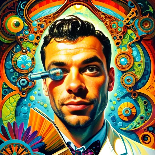 Prompt: (Art Nouveau Style Painting) a gay man in a lab coat, (holding a microscope) and a book, vibrant psychedelic colors, intricate floral patterns, dynamic curves, whimsical elements, colorful swirling designs, ambient lighting, (Aaron Jasinski inspired), poster composition, (highly detailed), captivating visual, artistic atmosphere, imaginative and unconventional, enhancements in depth and symmetry, a harmonious blend of science and art.