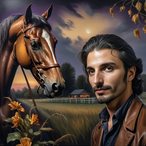 Prompt: (Honoring Nuit), highly detailed oil painting of a thoroughbred horse, Kentucky farm setting, (brilliantly captured) evening dusk, warm golds and deep purples in the sky, lush green pastures, soft shadows across the landscape, tranquil atmosphere, vibrant colors, delicate brushstrokes enhancing the horse's muscular form, realistic texture of the horse's mane, 4K resolution, captivating and serene ambiance.