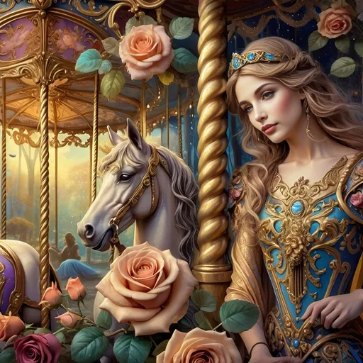 Prompt: Art Nouveau Carousel scene, (elegant woman with horse), (vibrant roses), soft pastel color scheme, (hues of gold and azure), romantic and whimsical atmosphere, detailed decorative elements, intricate designs, enchanting background featuring the (beautiful carousel), ethereal lighting, showcasing the beauty of Nuit, (ultra-detailed, 4K), dreamlike imagery blending nature and artistry.