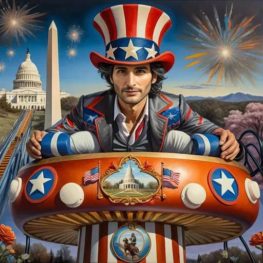 Prompt: (Acrylic painting of a magician man), wearing a (patriotic top hat), joyfully riding a (whimsical rollercoaster) in Liberty Park, with (HD details), vibrant colors, and enchanting motifs. The scene features the (Washington Monument) in the background, as well as the phrase (accurately spelled text "Yankee Doodle"). An aura of celebration and magic surrounds the image, honoring Nuit and the Aeon of Horus.