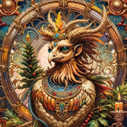 Prompt: (vibrant art nouveau still life), colorful magical painting, (intricate satyr man) with prominent horns, adorned with a festive wreath, holding a glowing candle, (ornate Christmas tree) in the background, rich intricate stained glass details, (refined porcelain influences), warm luminous lighting, lush textures, whimsical ambiance, and ultra-detailed craftsmanship that evokes the enchanting spirit of the holiday season.