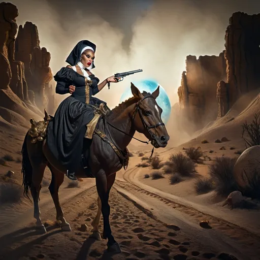 Prompt: (A oil masterpiece) A black nun riding a majestic horse, gripping a gun, fiercely defending against alien desert creatures, vast desert landscape, surreal celestial elements, homage to Nuit, warm earthy tones, contrasting vibrant colors, dramatic lighting, (highly detailed), capturing intense emotions and a sense of adventure, (7 Wonders Glass Art Studio), ultra-detailed, (cinematic).