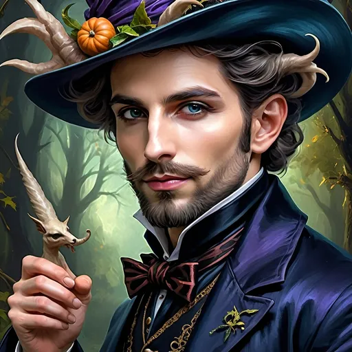 Prompt: (honoring Nuit), captivating handsome man magician with an elegant beard, wearing a pointed witch hat, (renaissance baroque painting style), facial features highlighted in detail, dark mystical background that enhances the allure, rich deep colors creating dramatic contrast, elements of Halloween celebration subtly interwoven, inviting an atmosphere of enchantment and mystery, ultra-detailed, a captivating masterpiece.