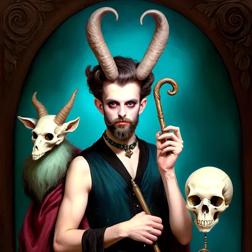 Prompt: pastel color scheme, a (man magician satyr) with (horns), holding a (skull) in one hand, a (crow perched on his shoulder), elegant pose, stylized cane topped with a (skull orb)