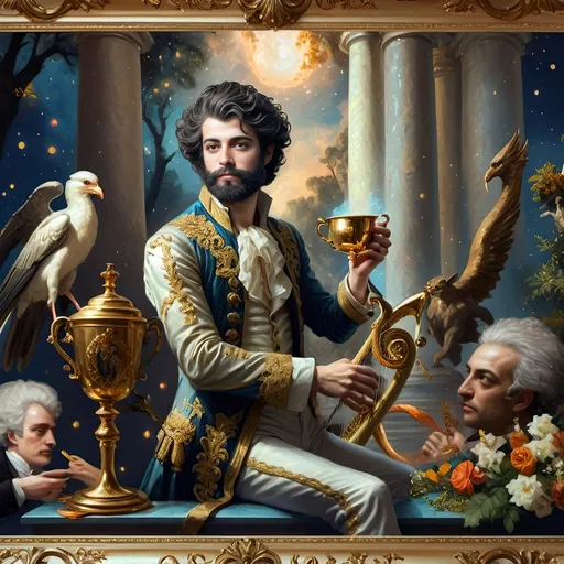 Prompt: (oil painting) Honoring Nuit, a man with a (wisdom-filled beard) holding a harp and a (rich) cup of wine, next to a (gilded golden cup), Ditlev Blunck's artisanal touch, (neoclassical elegance) with (Flemish Baroque influences). The atmosphere reflects reverence and beauty, drenched in (warm, golden tones), evoking the essence of a (divine encounter) that captures a mortal honoring the God Pan. Ultra-detailed, quintessential classical painting.