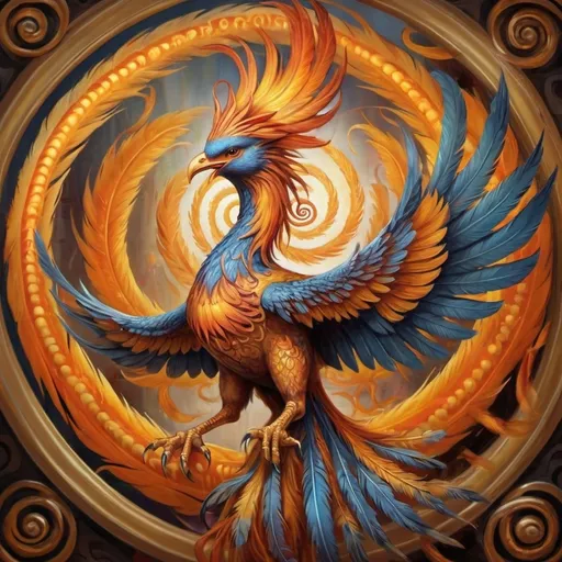 Prompt: a painting of a bird phoenix with orange and yellow feathers on it's head and wings, with a spiral design on its body, Anne Stokes, fantasy art, highly detailed digital art, an airbrush painting in front of a carousel