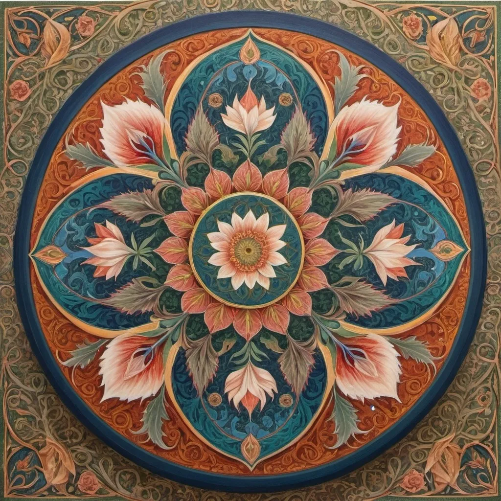 Prompt: a circular painting with a flower design on it's surface, with a circular design on the center, Amanda Sage, qajar art, in gouache detailed paintings, a detailed painting