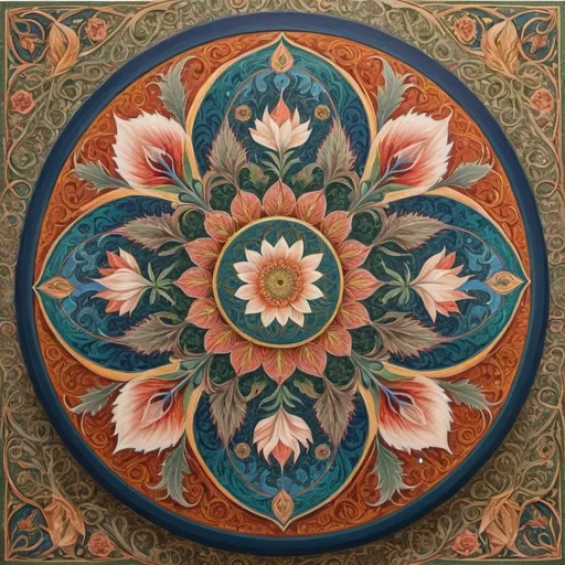 Prompt: a circular painting with a flower design on it's surface, with a circular design on the center, Amanda Sage, qajar art, in gouache detailed paintings, a detailed painting