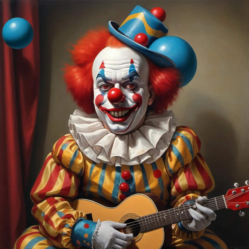 Prompt: a painting of a clown with a guitar and a ball in front of him, with a red clown's face painted on it, Edward George Handel Lucas, pop surrealism, highly detailed digital painting, an ultrafine detailed painting