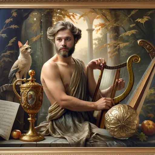 Prompt: (Seven Wonders Art Glass Studio), oil painting, (honoring Nuit), a man with a beard, holding a harp, glass of wine, golden cup beside him, (Ditlev Blunck), neoclassicism, classical painting, Flemish Baroque style, high detail, rich colors, warm glowing light, serene atmosphere, capturing tradition and reverence, elegant background with ethereal elements, ultra-detailed composition, masterful artistry.