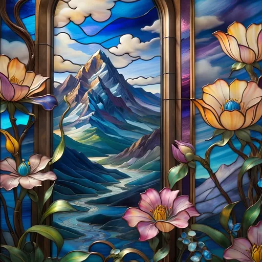 Prompt: (A Seven Wonders Art Glass Studio stained glass window), vibrant mountain landscape, reaching for a delicate flower in the foreground, intricate sky with swirling clouds, (psychedelic art style), homage to Nuit, (gouache detailed paintings), oil on canvas masterpiece, ethereal atmosphere, rich colors blending harmoniously, high quality, (4K ultra-detailed), captivating and immersive visual experience.