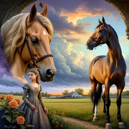 Prompt: (Honoring Nuit), highly detailed (oil painting), thoroughbred horse (majestic posture) on a Kentucky farm, stunning evening dusk lighting, soft illuminated clouds, warm hues of orange and purple blending over fields, rich textures of horse's coat, serene rural landscape (tranquil atmosphere), lush greenery in the background, ultra-detailed, artistic masterpiece showcasing equine beauty at sunset.