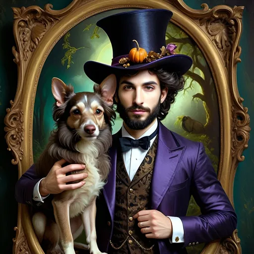 Prompt: (honoring Nuit), moon and stars) captivating handsome man magician, pointed witch hat, facial features highlighted, elegant beard, (renaissance baroque painting style), dark mystical background, rich deep colors with dramatic contrast, elements of Halloween celebration in still life arrangement, enigmatic ambiance, intricate shadows and light, (highly detailed), evoking intrigue and enchantment.