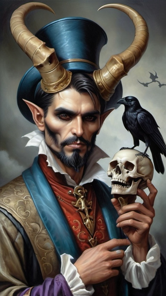 Prompt: a man with a skull and a horned head holding a skull and a crow on his shoulder and a skull in his hand, Anne Stokes, gothic art, dark fantasy art, a fine art painting