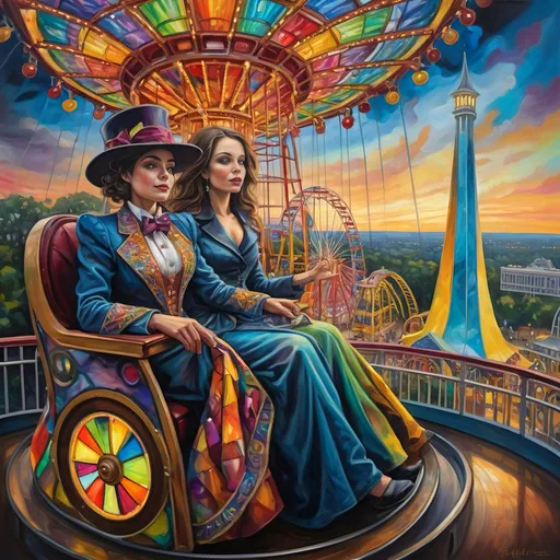 Prompt: (oil painting), psychedelic, a mesmerizing (woman magician) with an elaborate costume, riding a stunning Ferris Wheel crafted from colorful stained glass, a child sitting in her lap, vibrant and surreal, set in D.C.'s Liberty Amusement Park, iconic D.C. monuments and attractions in the backdrop, dramatic lighting, rich colors, ultra-detailed and dynamic composition.